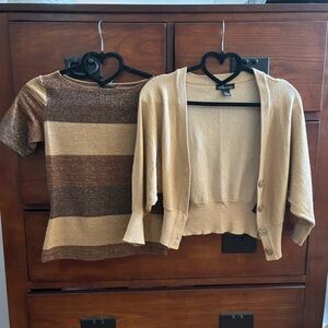 Gold and Brown Metallic Sparkle Top and 3/4 Sleeve Cropped Cardigan